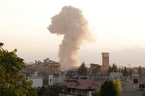 Bildet viser et angrep mot byen Baalbeck i Bekaa-dalen, i Libanon.